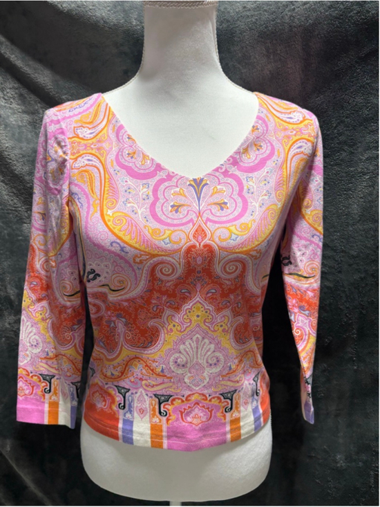 Carlisle Tops - Vintage Carlisle Colorful Paisley V-Neck Knit Long Sleeve Cotton Blend Top SZ 2